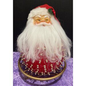 Vintage Handcrafted Beaded Push Pin Christmas Round Large Santa Figure #1‎